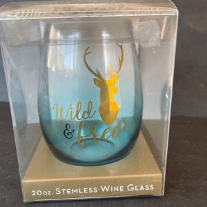 Stemless Wine Glass “Wild and Free” Novelty Deer Blue and Gold Color